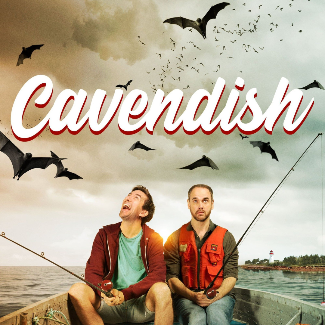 TV poster for Cavendish: a cast of characters against a dark background with a house in the background, and the logline: 'Be afraid... be somewhat afraid' in the foreground