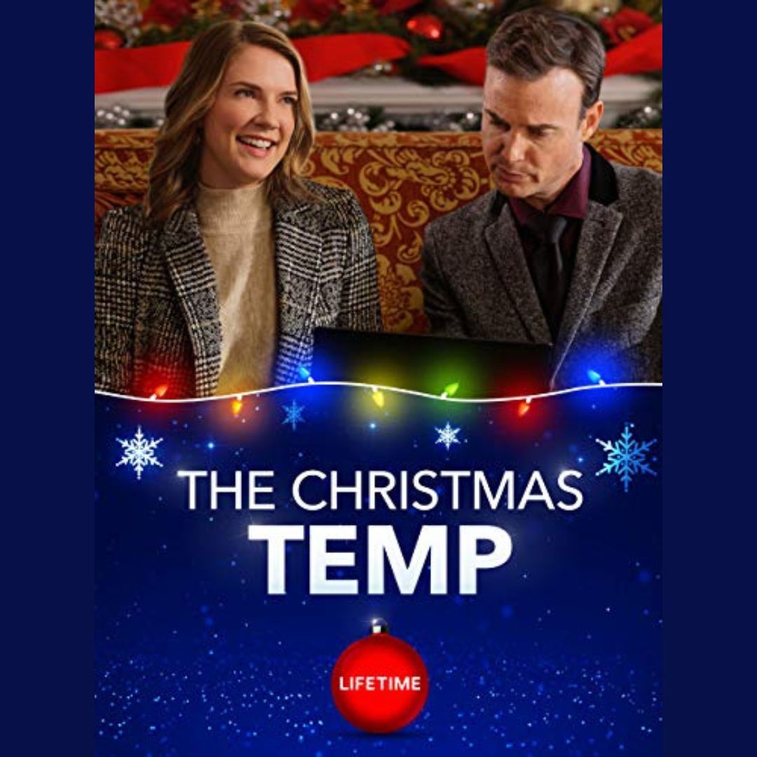 Movie poster for THE CHRISTMAS TEMP: a man and woman are sitting in front of a laptop in a festively decorated room on the top half of the image, with the title 'The Christmas Temp' in white against a starry blue background on the lower half of the image.