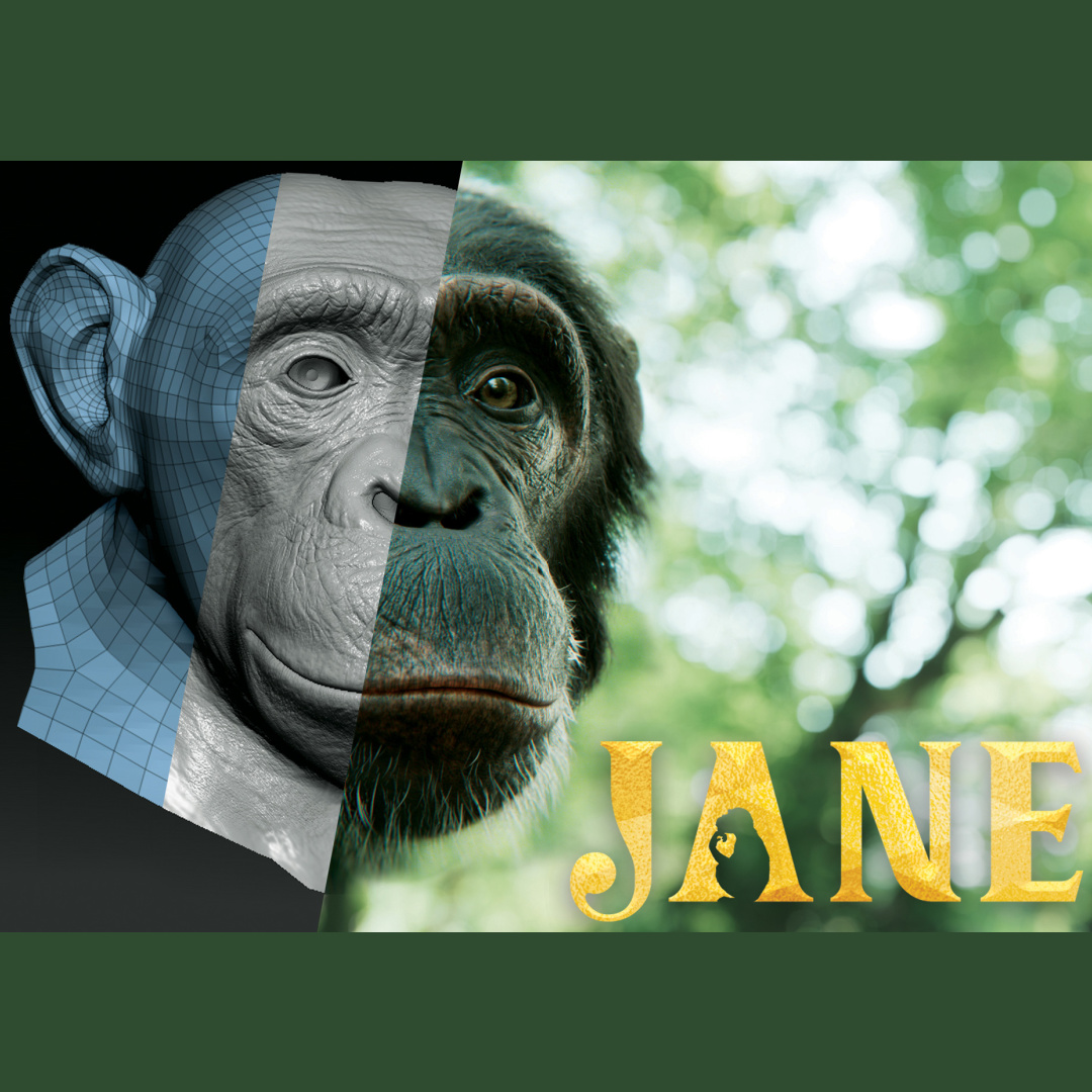 TV poster for Jane: A partially 3D rendered image of a chimpanzee, with a forest in the background and the title 'JANE' appearing in the foreground