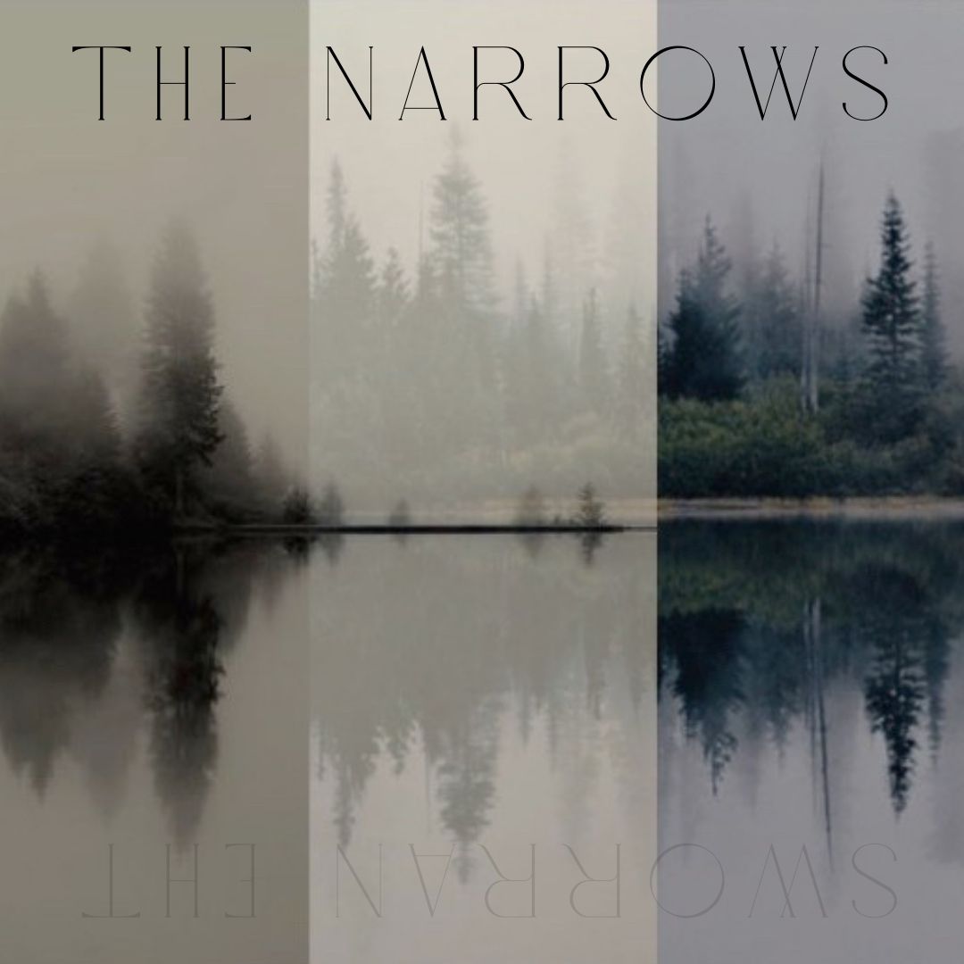 Poster for The Narrows: A foggy grey pine forest and body of water mirroring the forest.